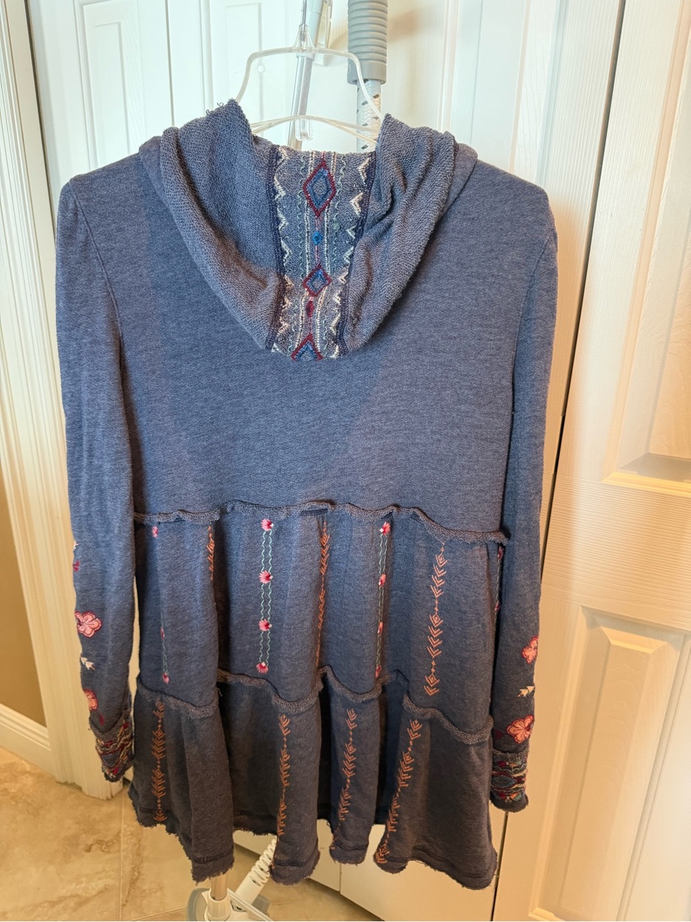 Johnny Was Grey Embroidered Hooded Tiered Cardigan